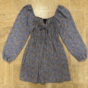 Forever 21 baby blue babydoll floral boho mini dress long sleeve whimsy small